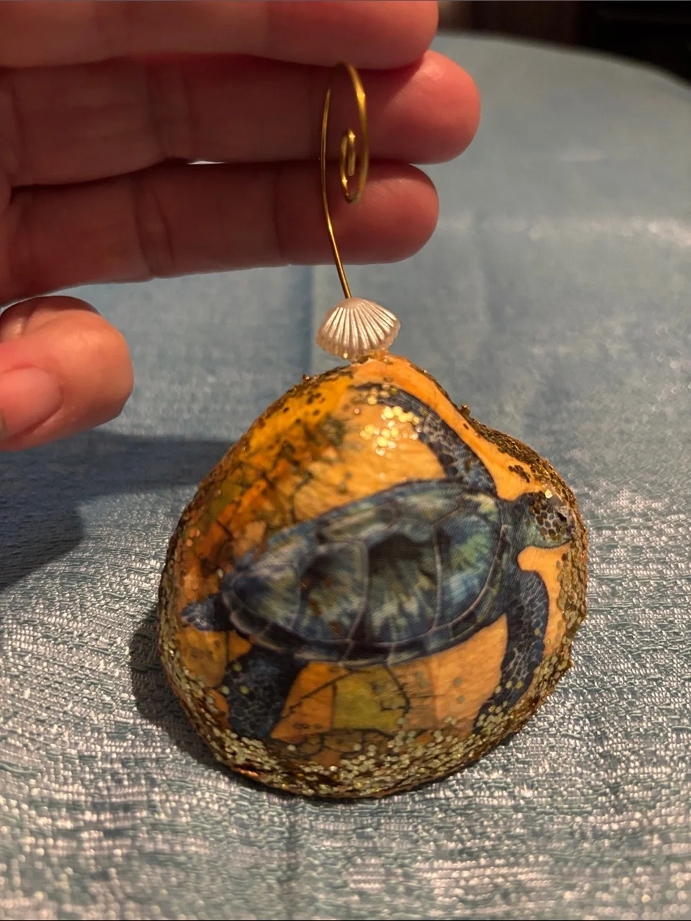 Decoupage Blue Turtle Reptile Ornament - Blue and gold sparkles